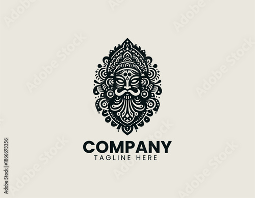 A stylized black vector illustration representing a mythological god figure of celebration is designed as a graphic logo emblem.