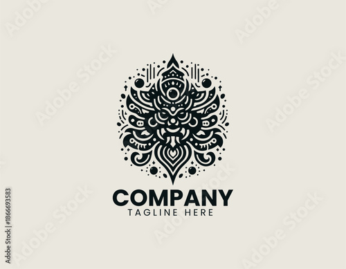 A stylized black vector illustration representing a mythological god figure of celebration is designed as a graphic logo emblem.