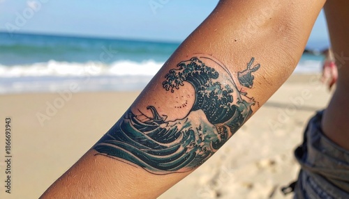 Ocean Wave Tattoo on Arm at Beach with Blue Sea.