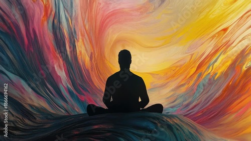 Colorful digital art of a meditating figure amidst chaotic patterns, symbolizing inner peace in turmoil.