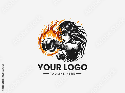 Determined girl delivering a fiery punch representing power and dynamic action in bold black vector logo illustration