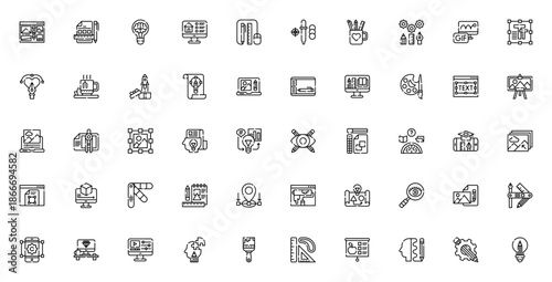 Creative Tools icon set. Vector design tools collection. Includes symbols for design, editing, animation, 3d modeling, drawing, palette, and more. Editable stroke.