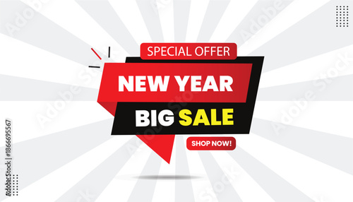 Special offer new year big sale shop now editable sticker icon label eps format template design with black red shapes white yellow bold font white gray abstract hot background vector illustration