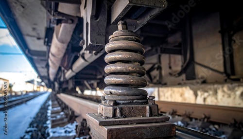 Close-up of a trains suspension system and wheels on a railway track.