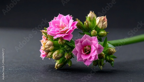 Close-up of delicate pink Kalanchoe flowers with buds on a dark background.
