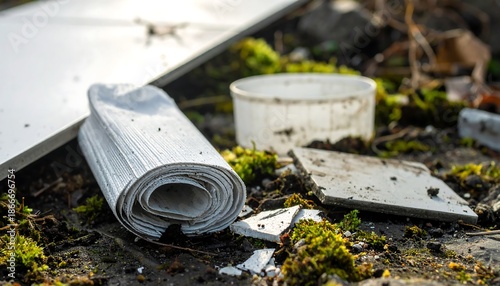 Close-up of discarded rolled metal sheet and debris on mossy ground, highlighting environmental neglect.