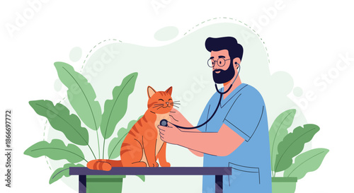 Male veterinarian with a beard and glasses gently checks a happy ginger cat's heartbeat with a stethoscope in a clinic setting.