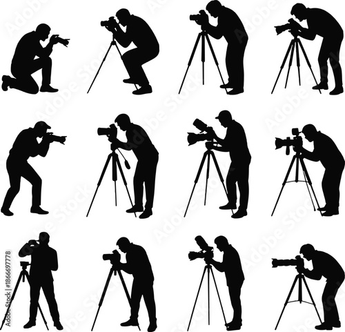 Silhouettes of Photographers with Cameras and Tripods