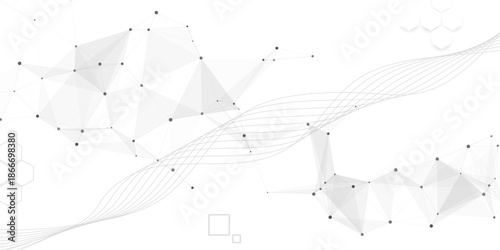 Abstract white medical background with grey plexus network. Minimalist technology vector with geometric triangles and DNA wave lines. Clean science banner for corporate presentation.