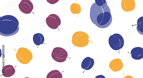 Seamless pattern of colorful stylized plum fruits in purple blue and yellow falling on a clean white background for design.
