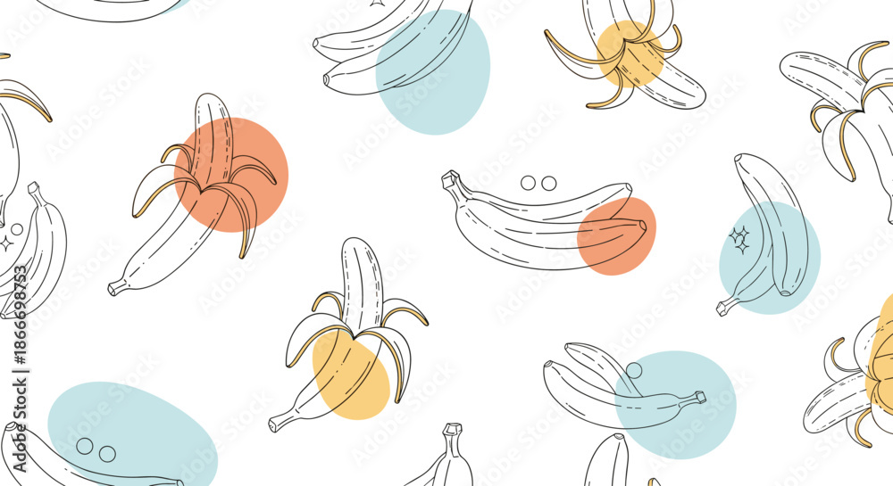 Obraz premium Seamless pattern of hand-drawn bananas both peeled and whole in a line art style with colorful abstract dots in the background.
