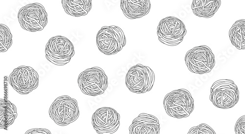 Seamless black and white pattern of hand-drawn Italian tagliatelle pasta nests in a detailed sketch style for a food background.