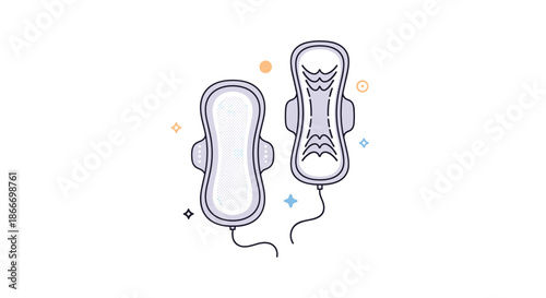 Two sanitary pads for feminine hygiene are illustrated in a cute and simple line art style with decorative sparkles around them.