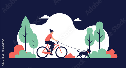 Woman rides a bicycle while walking her dog on a leash through a park with stylized trees and clouds on a dark background.