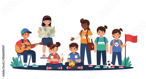 Diverse group of happy children enjoys a summer camp adventure with activities like playing guitar roasting marshmallows and exploring.
