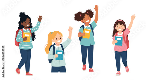 Set of four happy and diverse school girls with backpacks and books are waving their hands in a friendly greeting.