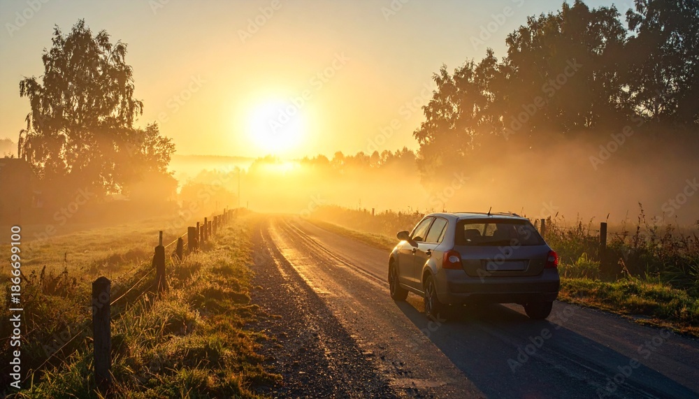 Fototapeta premium Car driving on rural road at sunrise with golden light.
