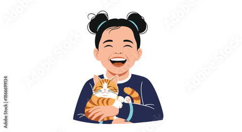 Joyful young girl with hair in two buns is laughing happily while holding and hugging her cute orange tabby cat.