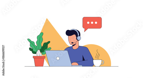 Male customer service representative with a headset works on a laptop providing support in a modern call center environment.