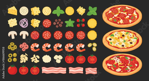 Extensive collection of various pizza toppings and ingredients with three finished pizzas for a build-your-own pizza concept.