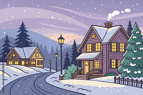 Snowy Peace Village Evening Glow Ill