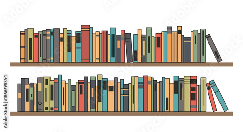 Two long wooden bookshelves filled with a variety of colorful books in a flat vector illustration style perfect for library or education themes.