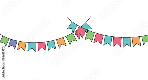 Colorful party bunting with festive flags on a string for birthday celebration and holiday decoration isolated on a white background.