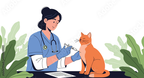 Female veterinarian giving a vaccination shot to a calm ginger cat at a vet clinic illustrating animal healthcare and pet treatment.