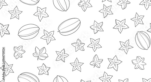 Seamless pattern of hand-drawn star fruit and carambola slices in a simple black and white outline style for a tropical background.