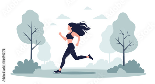 Athletic woman with long flowing hair running in a park in a monochromatic color scheme illustrating an active and healthy lifestyle.