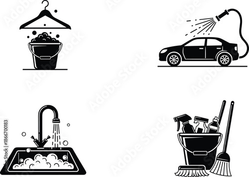 Cleaning icons, laundry bucket, car wash, dishwashing sink, housekeeping tools, hygiene symbols, black and white, vector illustration, chores concept, sanitation