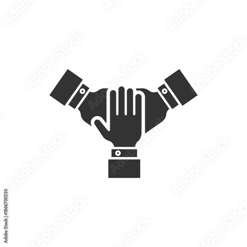 Three hands support each other. team hands together icon. Business concept. teamwork partnership. Solid, Simple pictogram stroke. vector illustration Design on white background EPS10