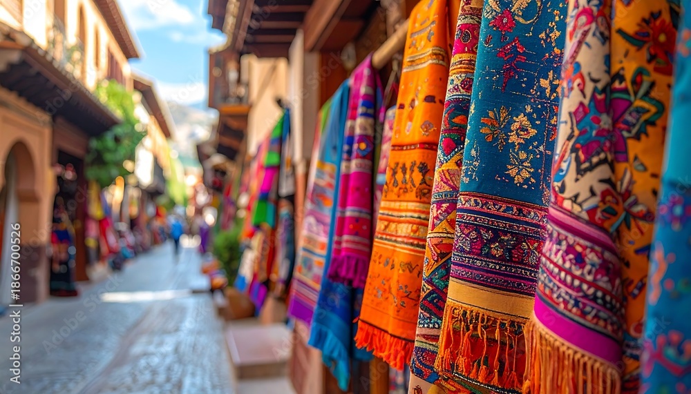 Fototapeta premium Colorful textiles displayed in a vibrant market setting.