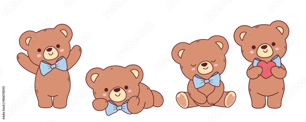 Obraz premium cute teddy bear character set in different poses with bow tie and heart illustration in soft pastel cartoon style