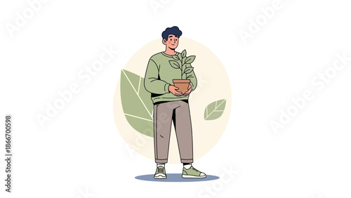 Man Holding Potted Plant, Sustainability Concept, Green Leaves Background