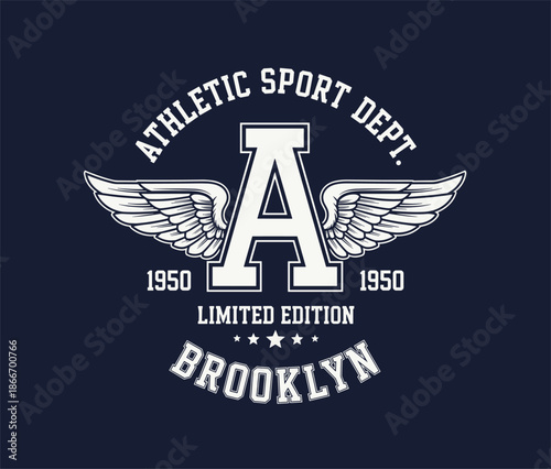 Vintage Brooklyn athletic sport department varsity design, retro winged letter A collegiate badge, premium limited edition nineteen fifty apparel graphic for streetwear fashion