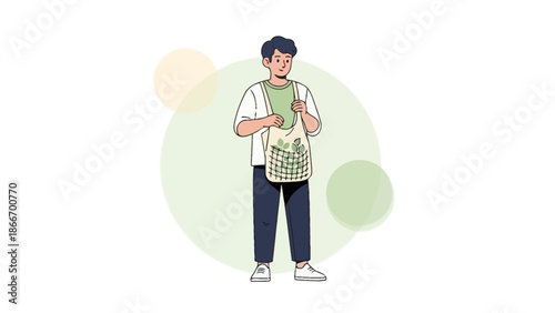 Man holding reusable shopping bag with plant design, eco-friendly lifestyle concept