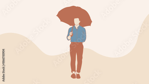 Man Holding Umbrella, Minimalist Flat Design, Protection Concept Illustration