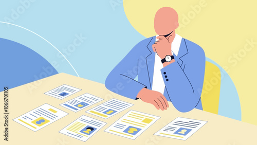 Man in Blue Suit Reviews Resumes, Hiring Decision Concept