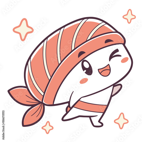 Adorable salmon sashimi food character with a cute winking expression, perfect as a Kawaii Sticker, adding charm to any Japanese food theme design and culinary projects