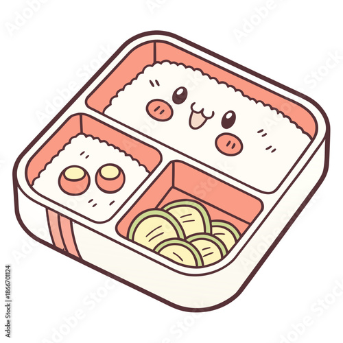 Adorable Kawaii Sticker illustrating a cheerful Japanese food character bento box, brimming with fluffy rice and tasty side dishes, perfect for a delightful and cute meal