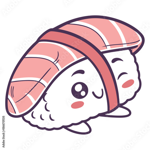 Charming Kawaii Sticker of a smiling sushi nigiri food character, a delightful and playful Japanese food illustration, ideal for vibrant digital art and cute culinary themes