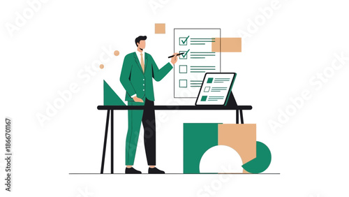 Man in Green Suit Checking Off Tasks on Checklist and Tablet