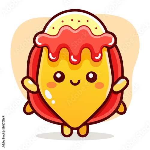 Adorable Kawaii Sticker A cute Japanese food character, like a mochi or daifuku, with sweet red topping and blushing cheeks. A delightful illustration