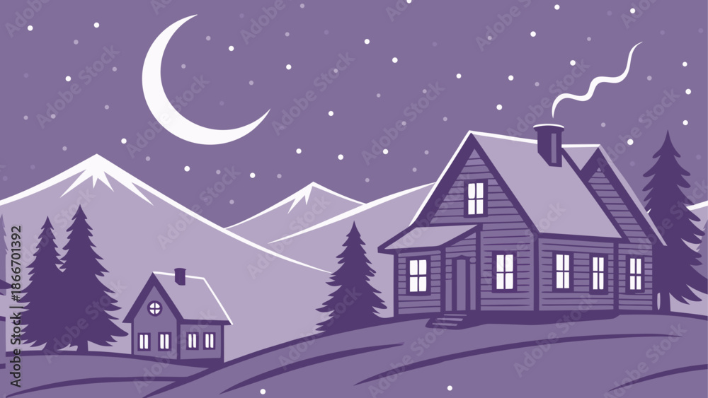 Fototapeta premium Cozy mountain cabin under moonlight