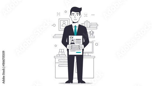 Man in Suit Holding CV Resume for Job Application, Office Background