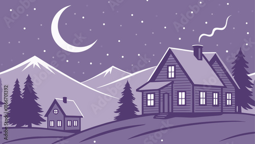 Cozy mountain cabin under moonlight