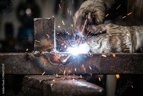 Blacksmith welding steel beam with sparks in workshop