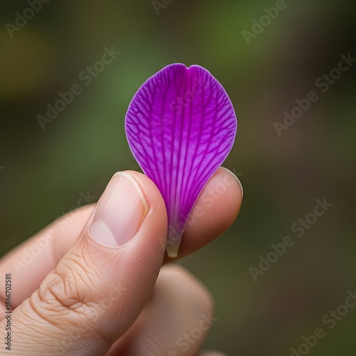 Holding a vibrant magenta petal against a soft natural backdrop outdoors