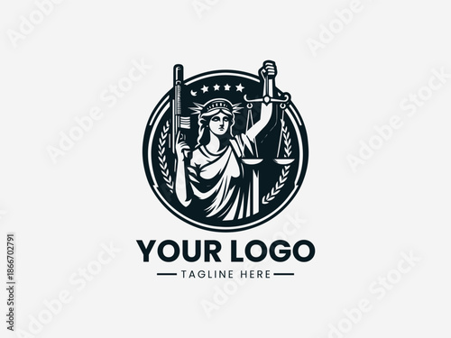 Themis justice figure holding a gun symbolizing law enforcement authority and firm legal protection in black vector logo illustration